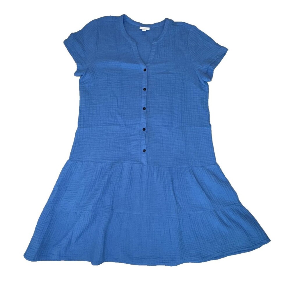 J Jill Short Sleeve Dress Size L Blue V-Neck Button Cotton Tiered